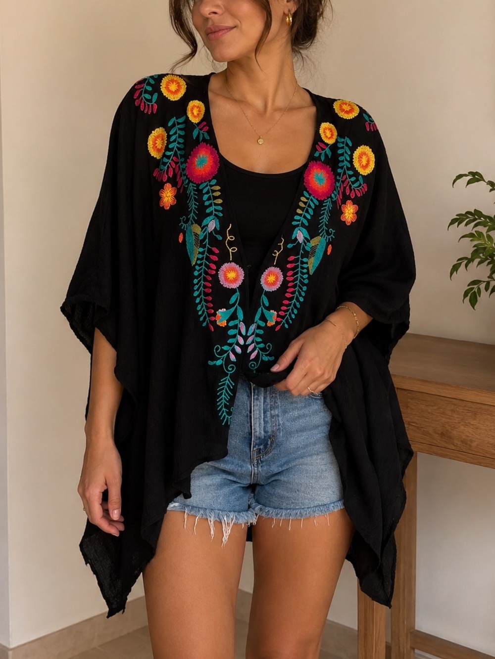Black Embroidered Floral Kimono